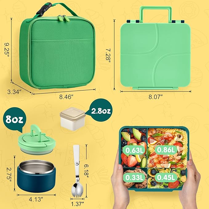 MAXSO Bento Lunch Box Set with 8 oz Soup Thermo, Kids Leakproof 4 Compartments Hot Food Container with Sauce Cup, Ice Pack and Lunch Bag, Child Insulated Food Jar for School - Green