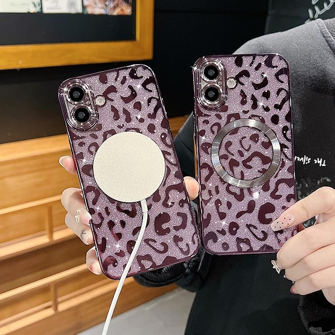 for iPhone 16 Plus Case Magnetic,Soft Cute Luxury Leopard Cheetah Pattern Plating Glitter Bling Phone Case Compatible with MagSafe Clear Shockproof Back Cover for Women Girl 6.7"-Purple