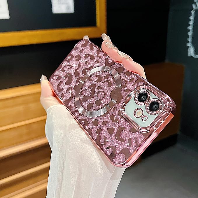 for iPhone 12 Case Magnetic,Soft Cute Luxury Leopard Cheetah Pattern Plating Glitter Bling Phone Case Compatible with MagSafe Clear Shockproof Back Cover for Women Girl 6.1"-Pink