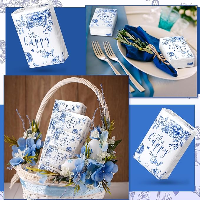 Spiareal 50 Pcs Blue Flower Happy Tears Tissues for Wedding Bulk 3 Ply for Your Happy Tears Wedding Tissues for Guests Pocket Paper Mini Travel Size for Party Favor Graduation