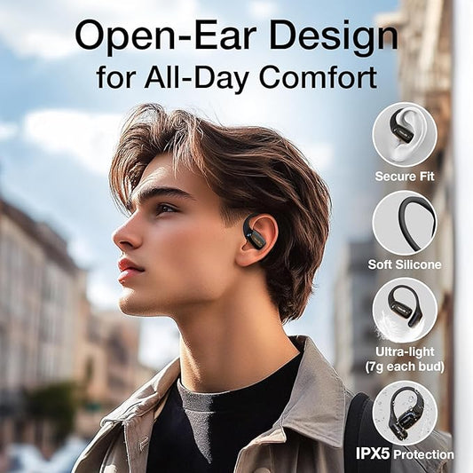 Open Ear Headphones OpenPro Earbuds- Bluetooth 5.4 Wireless Earbuds with Earhooks, Lightweight & Soft, 32H Playtime, Dual Mic Clear Call, IPX5 Sweat Resistant for Running Walking Workout