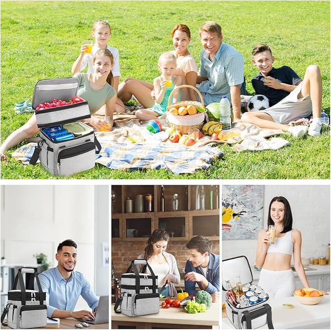 Insulated Lunch Bag & Lunch Box for Men - Double Deck Reusable Lunch Bag for Women Tote Cooler Bag Leakproof Soft Expandable - Large Lunchbox for Work/Adult/Picnic/Outdoor (Gray,15L)