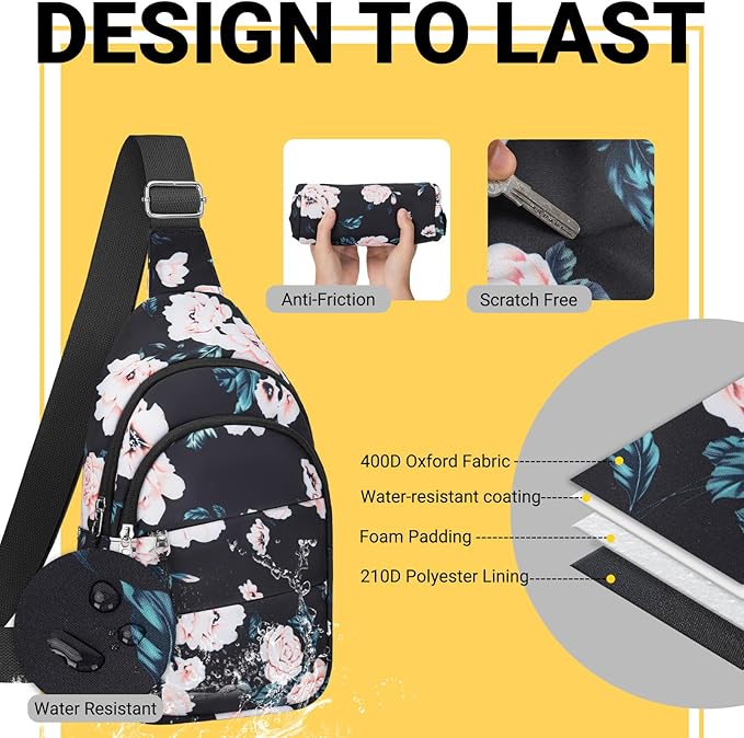 Crossbody Bags for Women, Sling Bag for Men, Small Hiking Backpack Anti Theft Lightweight for Outdoors Travel (M, Black Floral)
