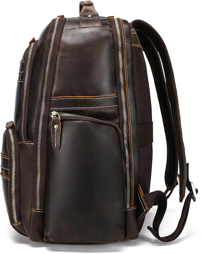 LANNSYNE Vintage Mens Full Grain Leather Backpack Fits 17.3 Inch Laptop, Large Casual Rucksack Shoulder Bag For Travel/Camping/Hiking-Brown