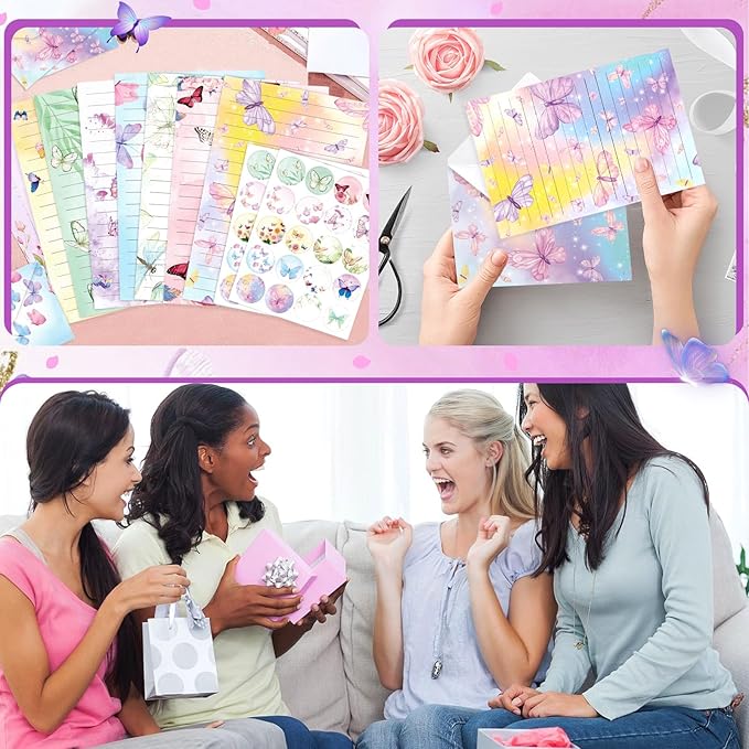 160 Pcs Stationery Paper Envelopes Set Includes 50 Lined Writing Paper & 50 Envelopes with 60 Colorful Round Dot Stickers, Cute Vintage Butterfly Letter Writing and Stationery Paper Envelopes(10Style)