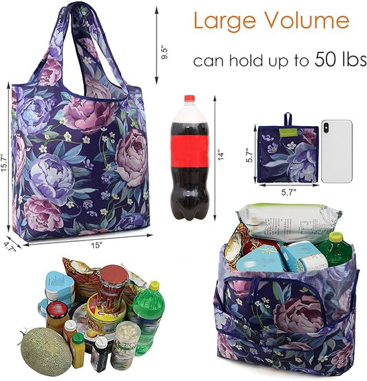 BeeGreen Floral Reusable Grocery Bags - X Large 50 LB Capacity,Foldable Tote Bag Gifts Fashionable Ripstop Polyester, Recyclable, Machine Washable Bulk Bags With Pouch - Ideal for Shopping