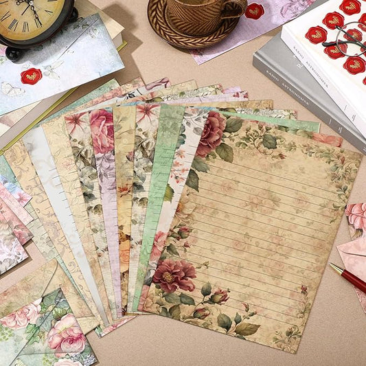 TaoBary 160 Pcs Stationery Paper Set 50 Double Sided Stationery Papers with 50 Matching Envelopes and 60 Round Dot Sticker, 10 Design(Vintage Floral,8.5 x 11 Inch)