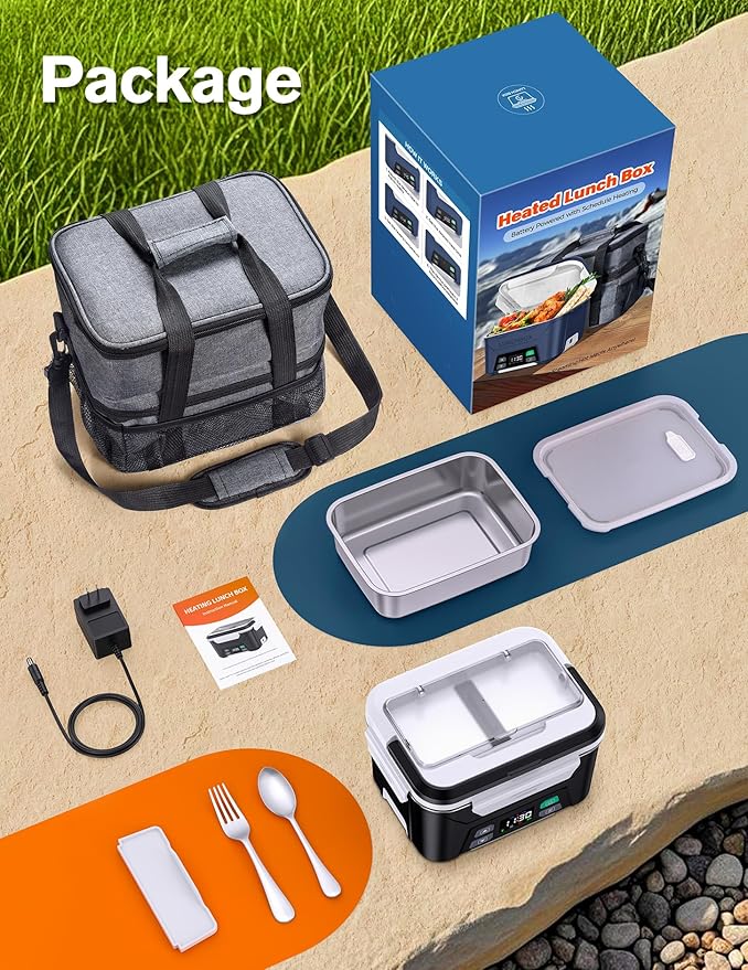 EAST OAK Cordless Electric Lunch Box for Adults, Heated Lunch Box Battery Powered with Automatic Heating, 5.5 Cups Portable Food Warmer with Insulated Carry Bag