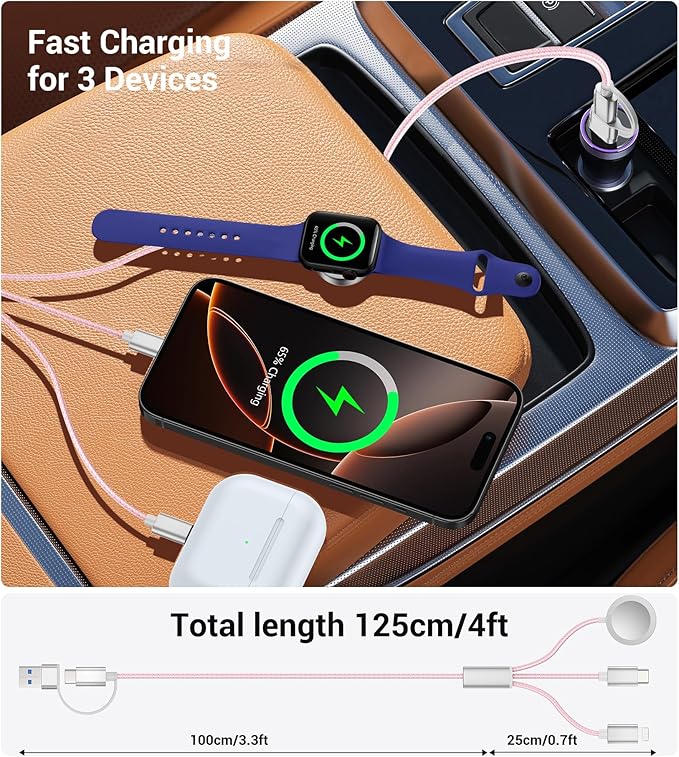 Temdan for Travel Vacation Essentials,3 in 2 USB C Cable for Apple Watch Charger/iPhone 17 Charger/Lightning,Multi Charging Cable Cord,Camping Essentials,Designed for iWatch & iPhone 16-12-4FT Pink