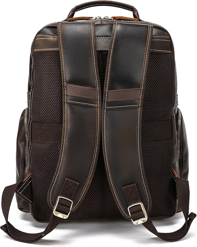 LANNSYNE Vintage Mens Full Grain Leather Backpack Fits 17.3 Inch Laptop, Large Casual Rucksack Shoulder Bag For Travel/Camping/Hiking-Brown