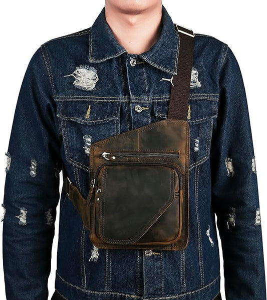 Thick Crazy horse Leather Triangle Crossbody Sling Chest Bag Travel One Shoulder Bag Daypack For Men Male 3028