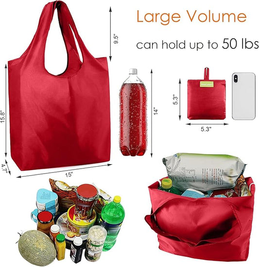 BeeGreen Foldable Travel Bag Reusable Shopping Bags for Groceries - 6 Pack Large Collapsible Bags - Lightweight Machine Washable Tote Bags - Colorful Kitchen Grocery Bags (Red, Orange, Green)