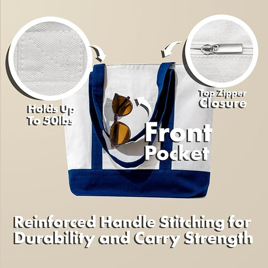 Carrywell |Not Made in China| 30 Pack Cotton Tote Bags, Reusable Grocery Shopping Bag with Zipper Closure and Front Pocket, Heavy Duty Organic Cloth w/Handles