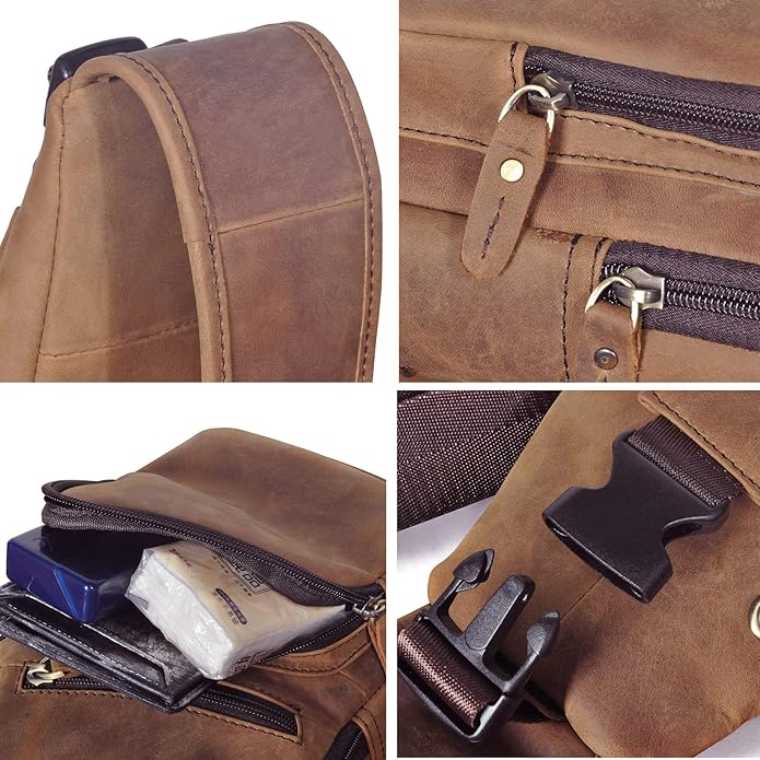 Le'aokuu Men Fashion Casual Tea Designer Travel Hiking Crossbody Chest Sling Bag Rig One Shoulder Strap Bag Men Leather 8015