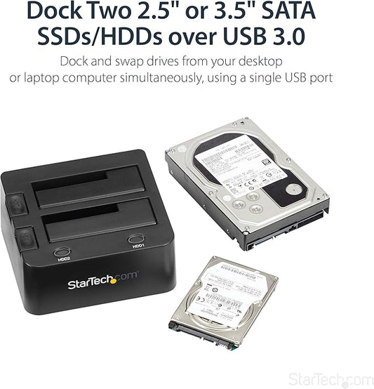 StarTech.com Dual-Bay USB 3.0 To SATA Hard Drive Docking Station, USB Hard Drive Dock, External 2.5/3.5" SATA I/II/III, SSD/HDD Docking Station, Hot-Swap Hard Drive Bay, Top-Loading (SDOCK2U33),Black