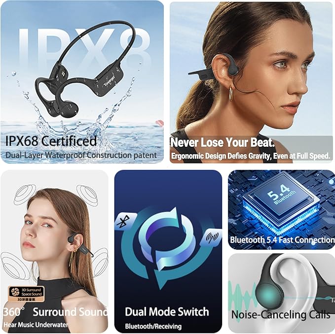 Tayogo Swimming Headphones, IPX68 Waterproof Bone Conduction Headphone Bluetooth 5.4, Open Ear Headset,32G of MP3 Player, Running, Cycling, Earbuds Underwater
