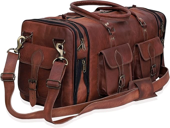 Weekender Leather Duffel Bag Overnight Women Men Girls Boys Vintage Travel Duffle with Shoulder Strap Carry On Sports Gym 20 Inch Handmade Leather Luggage Carryall Cool Gifts for Him by Cureo