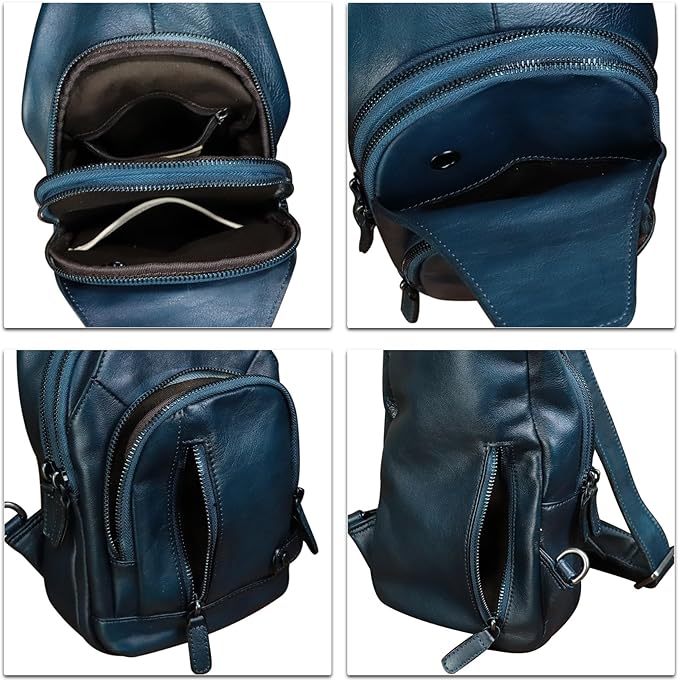 IVTG Genuine Leather Sling Bag Vintage Crossbody Shoulder Bag Handmade Casual Backpack Fanny Purse Chest Bag (NavyBlue)