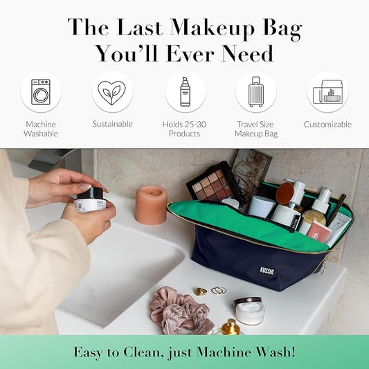 KUSSHI Washable Travel Makeup & Cosmetic Bag - Brush Organizer Sold Separately (Vacationer, Navy/Mint)