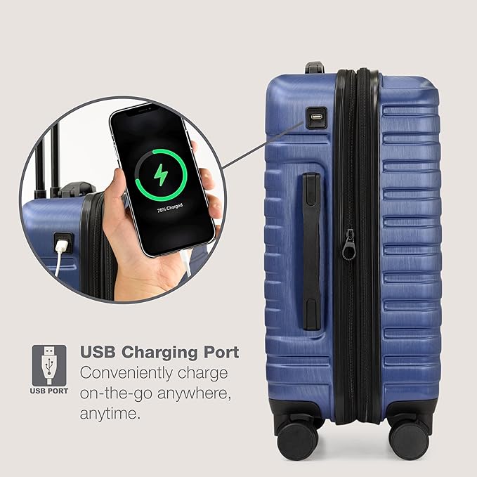 U.S. Traveler Boren Polycarbonate Hardside Rugged Travel Suitcase Luggage with 8 Spinner Wheels, Aluminum Handle, Navy, 2-Piece Set, USB Port in Carry-On