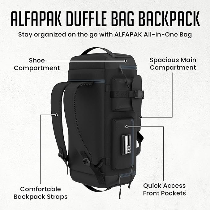 Gym Duffel Bag Backpack - 60L - Durable Gym Bag for Men/Women with Shoe Compartment - Duffel Bag Carry On – Water Resistant with Wet Pocket, Multiple Pockets & Straps for Gym, Travel & Overnight