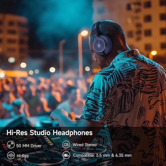 Wired Over Ear Headphones, Studio Monitor & Mixing DJ Headphones with 50mm Neodymium Drivers and 1/4 to 3.5mm Jack for Guitar AMP Podcast Piano Keyboard (Dark Blue)