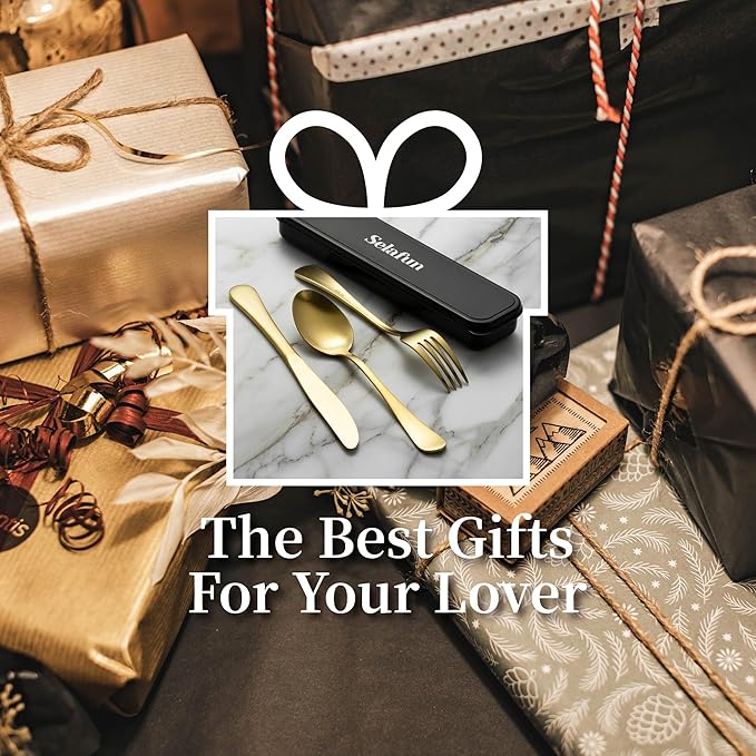 4-pieces Travel Set with Case Portable Silverware Utensils Set for work, Stainless Steel Reusable Flatware Set Cutlery Set for Camping Picnic Hiking Office (8inch, Matte Gold)