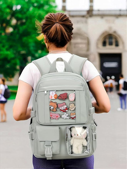 Kawaii Backpack for Teen Girls, Cute Aesthetic High Middle School College Bookbag with Accessories, Green