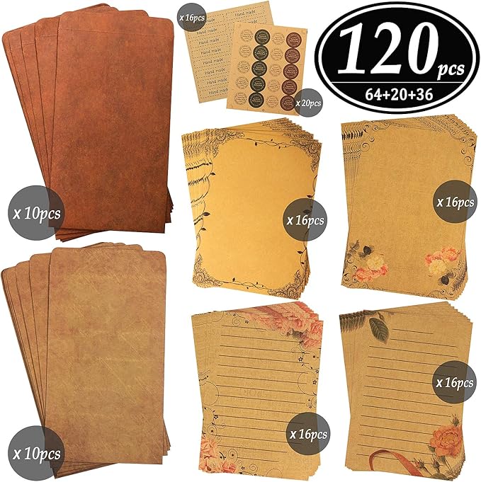 Vintage Stationary Paper + Kraft Envelopes Set with Seal Stickers (64pcs 4 Patterns 8.3 x 5.7 Writing Stationery Papers, 20pcs 2 Colors 7.9 x 4.7 Letter Envelope, 36pcs 2 Styles Rustic Seals)