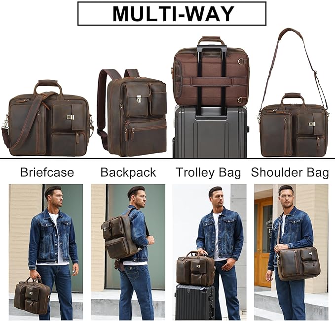 TIDING Men's Leather Convertible Backpack 15.6 Inch Laptop Briefcase Messenger Bag Work Business Travel Rucksack