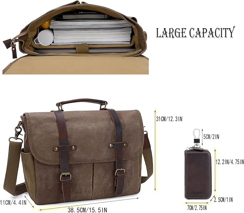 Messenger Bag for Men, Waterproof Genuine Leather Waxed Canvas Briefcase 15.6 Inch Laptop Larger Shoulder Bag with Key Bag