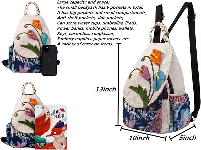 HUANGGUOSHU Bohemian Knit Backpack - Handcrafted, Multi-Pocket, Secure Zipper Pockets Pocket - Ideal Gift for Girls, Moms, and Students - Travel Essential for Fashionable Women-Flower Backpack