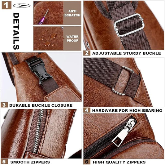 Peicees Leather Sling Bag Mens Crossbody Bag Chest Bag Sling Backpack for Men with USB Charge Port