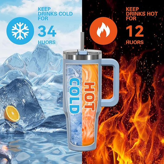 30 oz Tumbler with Handle,Tumbler with Lid and Straw,Double Wall Insulated Cup Stainless Steel Travel Mug(Cold for 34 Hours),Water Bottle for Iced Tea,Coffee,Cold Beverages(Smog Blue)