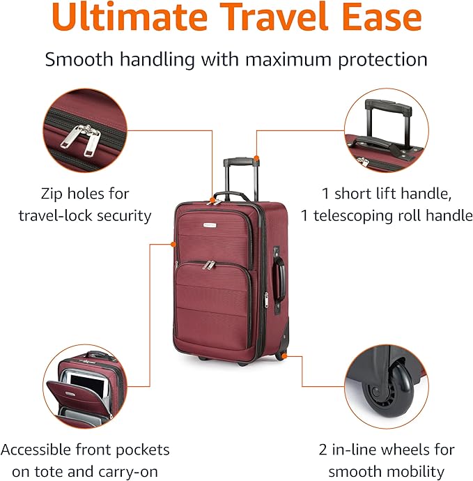 Amazon Basics Luggage Sets, Carry-On 23-Inch, tote 15-Inch, Suitcase With Wheels, Expandable Extra Space (+15%), Front Pockets and Telescopic Handle, Burgundy