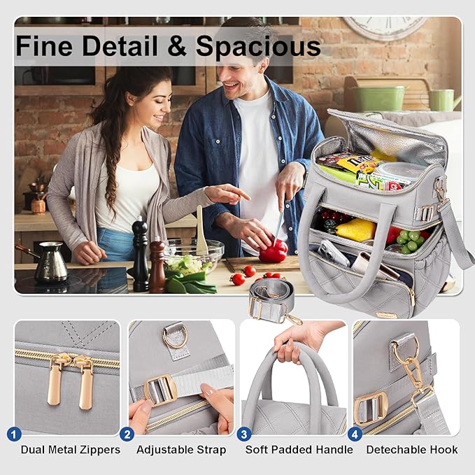 Weitars Lunch Bag for Women Men,Double Deck Lunch Box for Women,Quilted Lunch Tote for Work,Insulated Lunch Cooler Leakproof Lunchbox for Adult with Shoulder Strap &Pockets for Picnic Hiking (Gray)