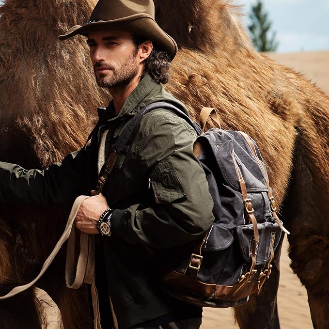 Heavy Duty Waxed Canvas Vintage Backpack for Men Women Trim Casual 15.6" laptop Bookbag Travel Rucksack Shoulder Rucksack for Travel