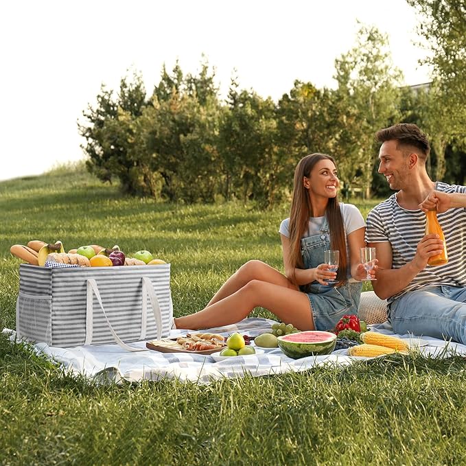 Lifewit Extra Large Tote Bag, Reusable Grocery Bags with Metal Wire Frame and Handles, Standing Utility Foldable Shopping Bags for Storage, Picnics, Beach, Pool, Laundry, Car 2 Packs 46L Gray and Blue