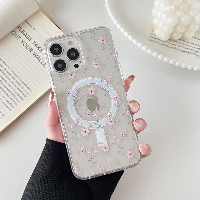 ZTOFERA for iPhone 14 Pro Magnetic Case Compatible with Magsafe,Aesthetic Floral Pattern Design Cute for Girl Women,Anti-Drop Protective Hard Phone Cover for iPhone 14 Pro-Pink Flower