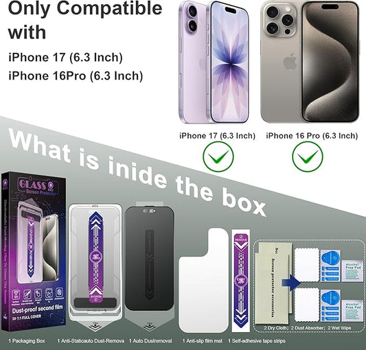 2 Pack Matte Privacy Screen Protector for iPhone 17&16 Pro 6.3-Inch Auto Dust Removal, No Bubbles,Anti-Spy Tempered Glass Film, Easy Installation