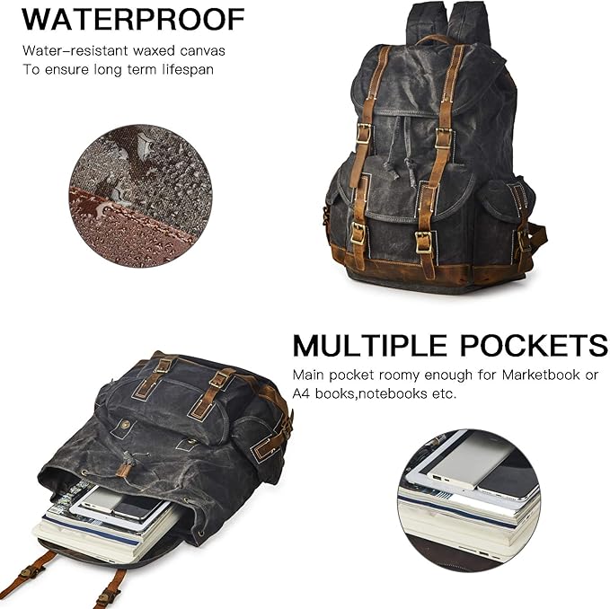 Heavy Duty Waxed Canvas Vintage Backpack for Men Women Trim Casual 15.6" laptop Bookbag Travel Rucksack Shoulder Rucksack for Travel