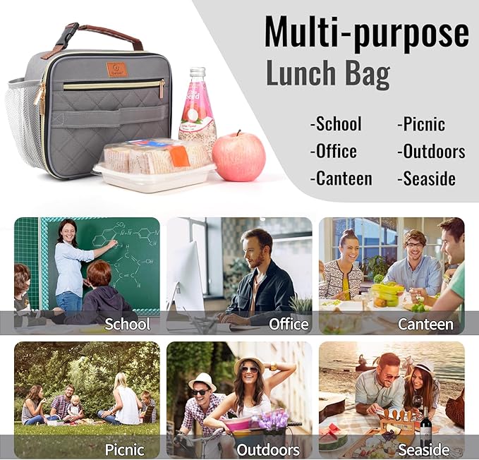 Genteen Lunch Box for Men Women Adults Kids - Insulated Small LunchBox Reusable, Zip Closure & Buckle Handle, Portable Cooler for Work, School, Travel (Gray)