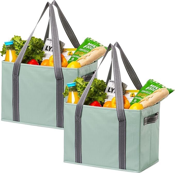 VENO 2 Pack 8 Gallon Reusable Grocery Bags, Shopping Bags for groceries, Extra Large Utility Tote with Handles and Hard Bottom, Foldable Cart Organizer, Water Resistant, Heavy-Duty (Light Green)