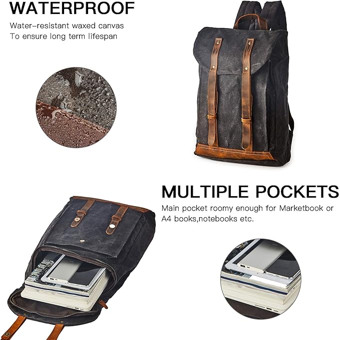 Waterproof Waxed Canvas Shoulder Rucksack Backpack for Men Women Casual Large 15.6 inch laptop Bookbag Grey