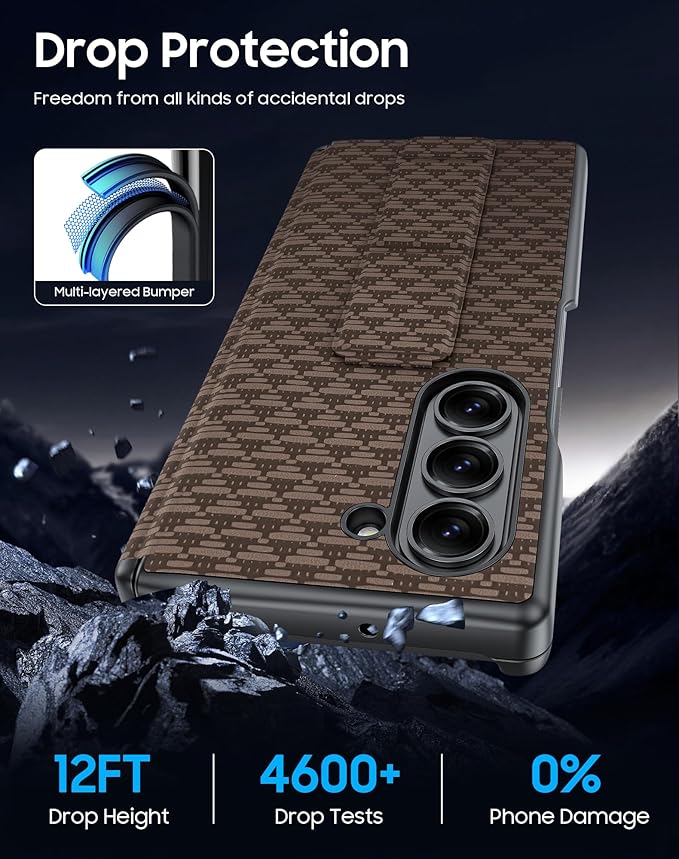 for Samsung Galaxy Z Fold 6 Case with Hand Strap & Kickstand & Hinge Protection, Ultra Slim Skin Feel Pattern Printing Full Body Shockproof Phone Case for Z Fold 6, No Screen Protector (Brown)