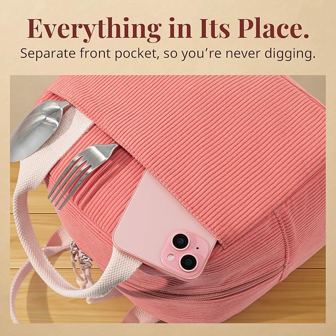 Insulated Lunch Bag for Women Men, Stylish Corduroy Tote Bag with Aluminum Lining, Large Capacity Reusable Cooler for Work, Travel, or Beach, Coral Pink Lunch Box