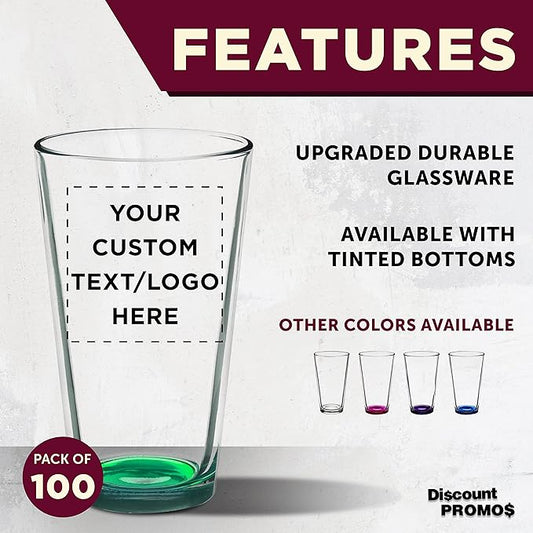 Custom Arc Pint Glass 16 oz. Set of 100, Personalized Bulk Pack - Beer Glasses, Heavy Duty Drinkware - Green