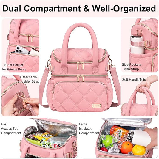 Weitars Lunch Bag for Women Men,Double Deck Lunch Box for Women,Quilted Lunch Tote for Work,Insulated Lunch Cooler Leakproof Lunchbox for Adult with Shoulder Strap &Pockets for Picnic Hiking (Pink)