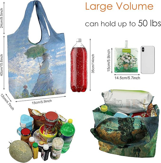 BeeGreen Oil Painting Reusable Grocery Bags 6 Pack, Heavy Duty Totes for Women, Foldable Grocery Bag Large Shopping Totes with Handles for Work, Travel, Gift, Polyester Washable Reusable Tote Bag