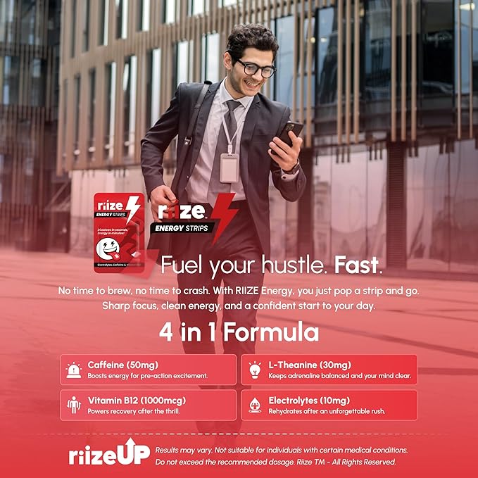 Riize Energy Strips, Fast Acting with 50mg Caffeine, L-Theanine, Vitamin B12, Electrolytes, Natural Flavors, Vegan, Instant Boost Oral Supplement (30 Count Pack)